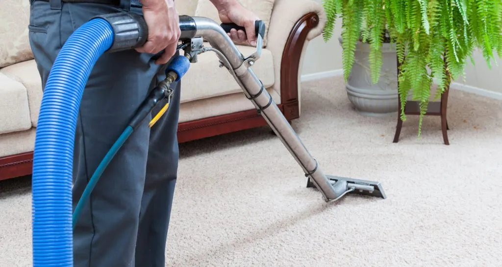 A cleaning wand moving across a cream carpet in a living room