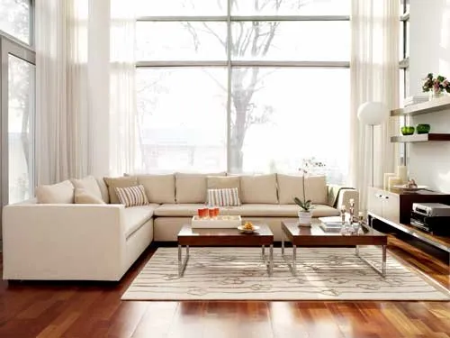 A cream wool rug under a coffee table in a bright living room