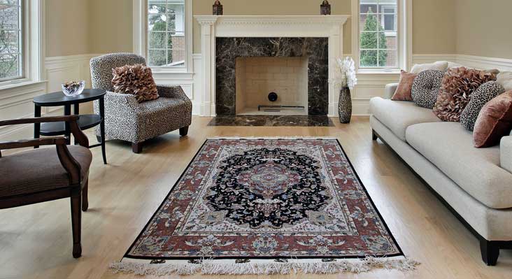 A navy and red rug with a white fringe in a bright living room, its long sides edged in a dark border