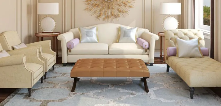 A pale silk rug in a cream living room