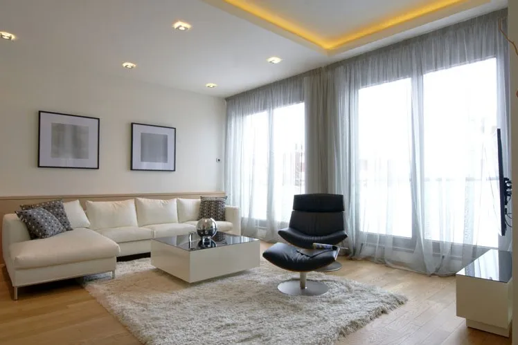 A bright living room with a soft, pale shag rug in front of a white sofa
