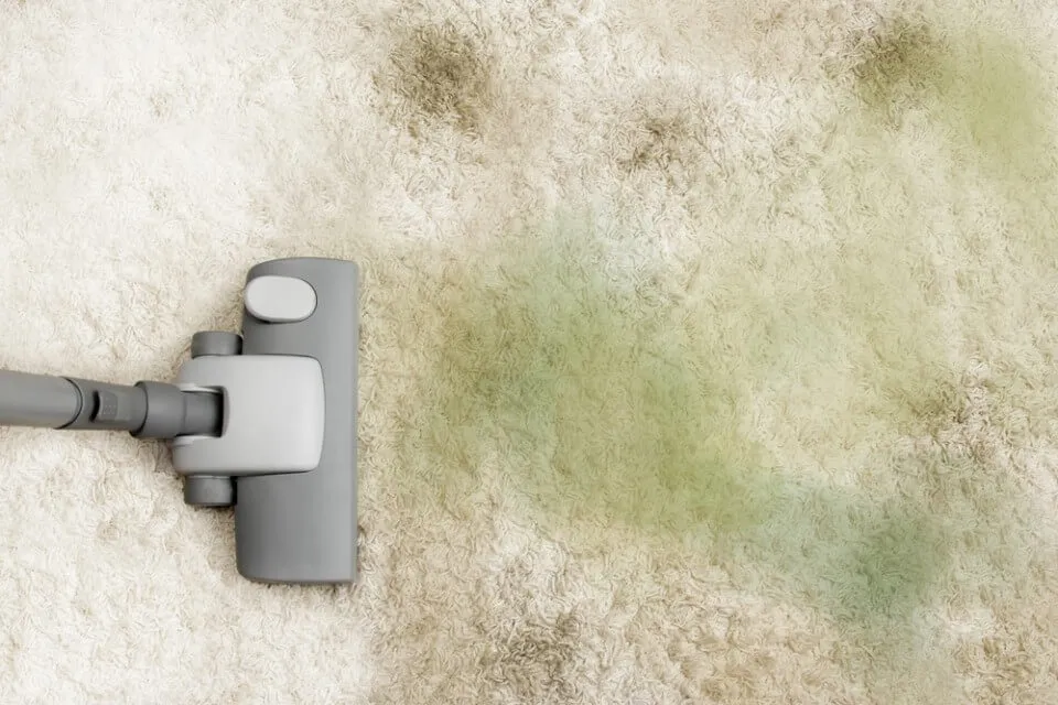 A vacuum passes over a pale carpet with green patches of mould