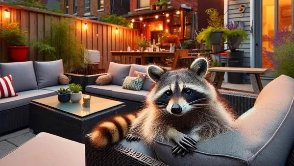 A raccoon rests its paws on the arm of a grey cushioned patio sofa in a city backyard at dusk