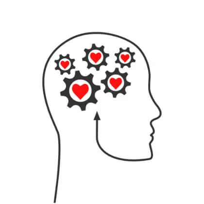 An illustration of a head with gears and hearts inside