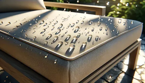 Water droplets sit on top of a beige outdoor seat cushion in the sun