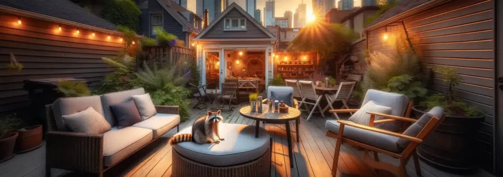 A raccoon sits on a round cushioned ottoman on a backyard deck with patio sofas and chairs at sunset